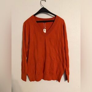 NWT Arach & Cloz Orange Cozy Clouds V-Neck Sweater Ribbed Block Pattern XXL